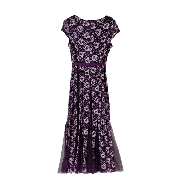 Candalite Women's Stretch Lace Tulle Godet V-Neck Tie Waist Prom Dress - MP - Picture 4 of 7